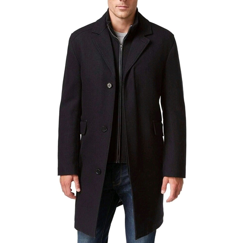 NWOTs Cole Haan Signature Men's Wool Twill Long Coat w/Knit Bib Charcoal Size XL
